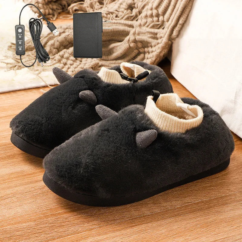 USB electric heating slippers in grey with adjustable temperature control and soft velvet upper.