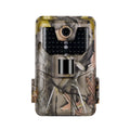 Compact camouflage outdoor hunting camera with infrared LEDs for night vision and Bluetooth connectivity.