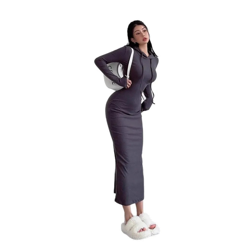 Women's grey hooded long sleeve sheath dress with a high waist and over-the-knee length.
