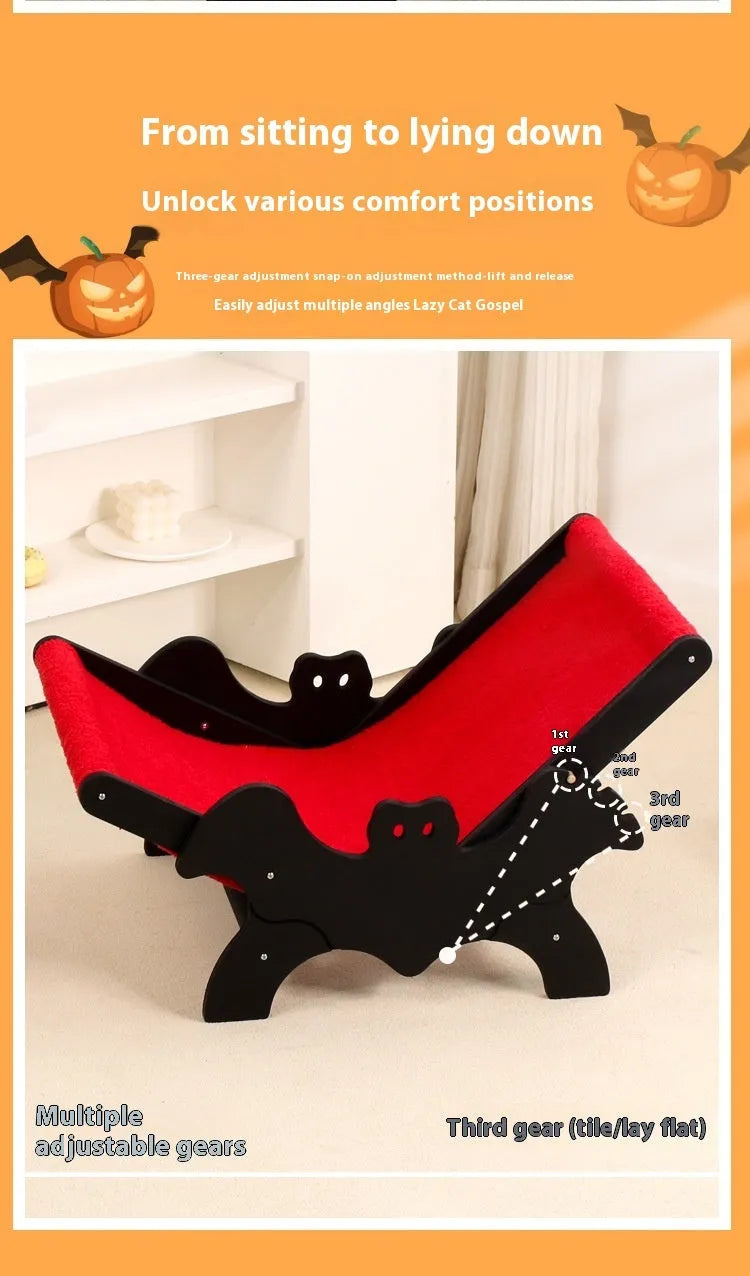 Wooden cat recliner with bat Halloween design in black or red colour for pet beds