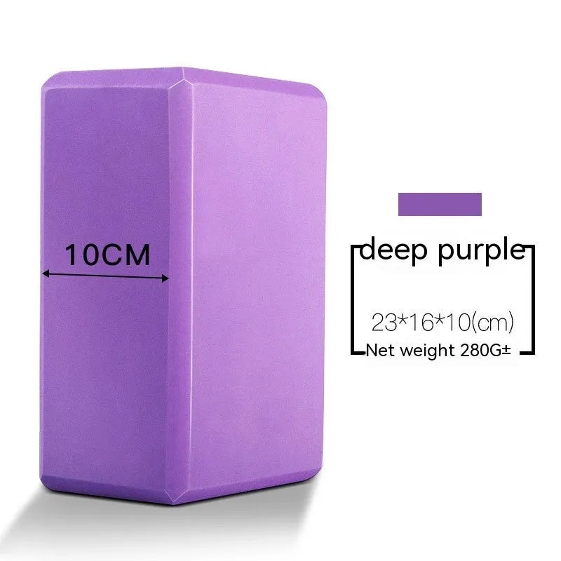 High-density EVA foam yoga block in assorted colours and prints, showing two thickness options for yoga and dance.