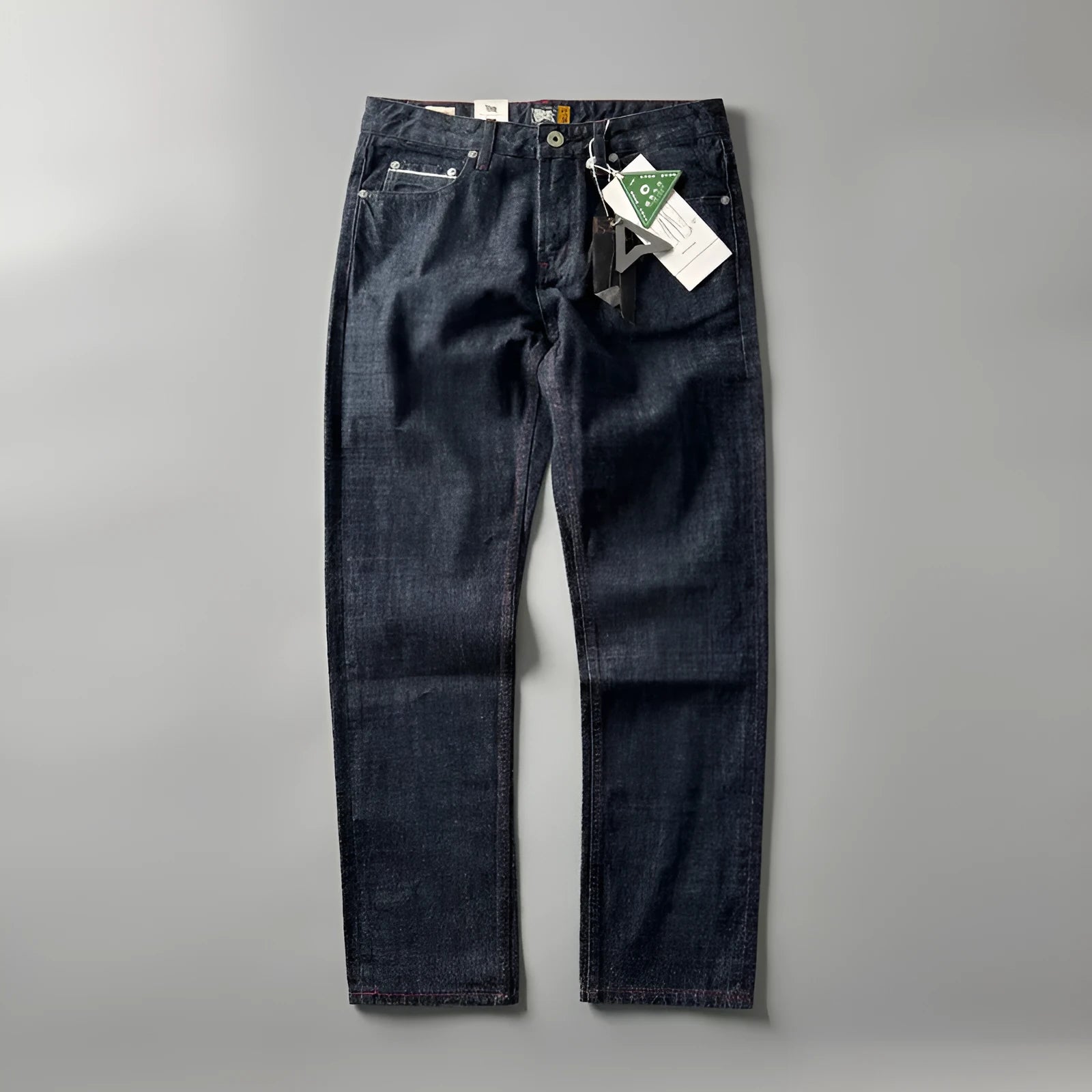 Men's straight leg jeans in American retro style with primary colour wash and mid waist design