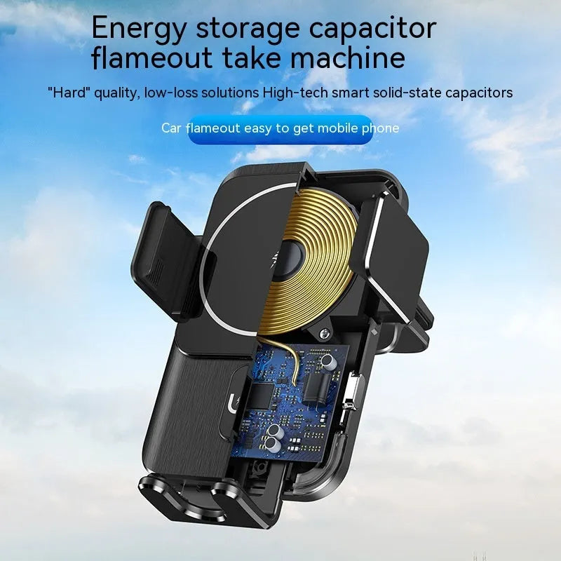 Black car wireless charger phone holder showing clip and suction cup mounting options for 15W Qi charging