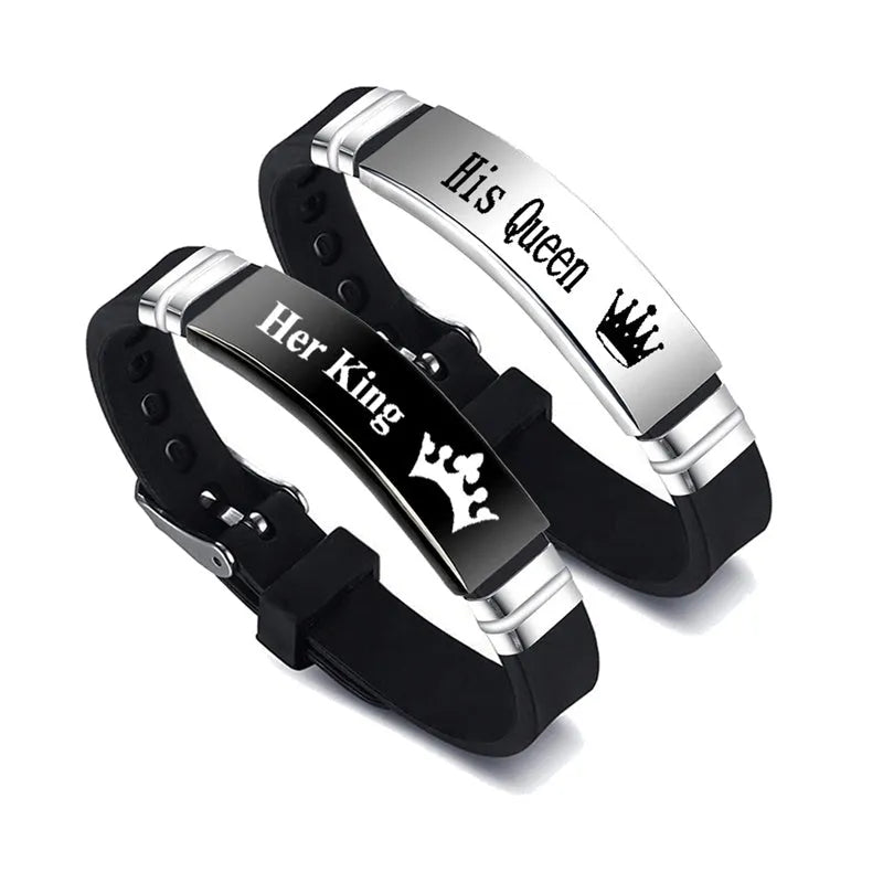 Black and silver couple bracelets with stainless steel crown and letter charm on adjustable silicone strap
