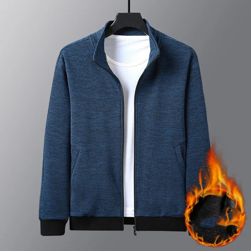 Men's black casual zip-up jacket with a stand-up collar on a hanger