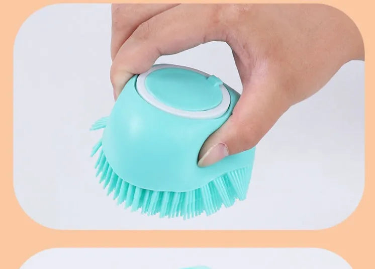 Blue silicone dog bath brush with rubber fingertips for pet grooming during bath time