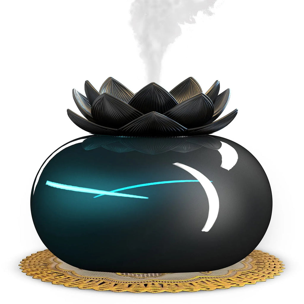 Pure black USB-powered ultrasonic aromatherapy humidifier with ceramic lotus design