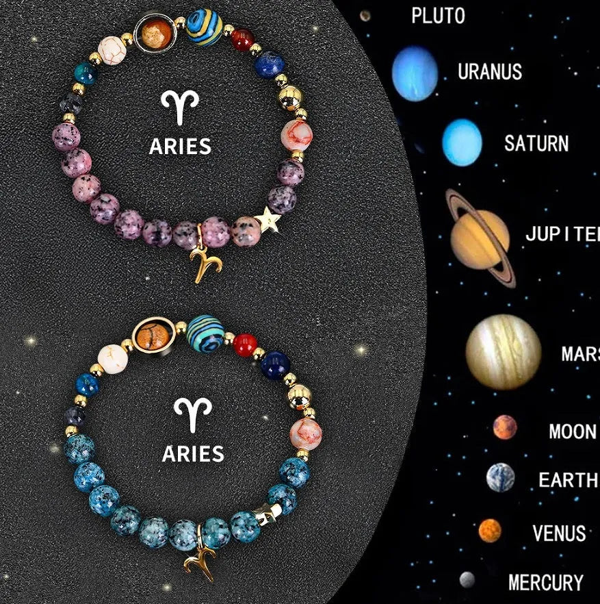 Two natural stone beaded zodiac bracelets laid side by side, showing different stone textures and colours.