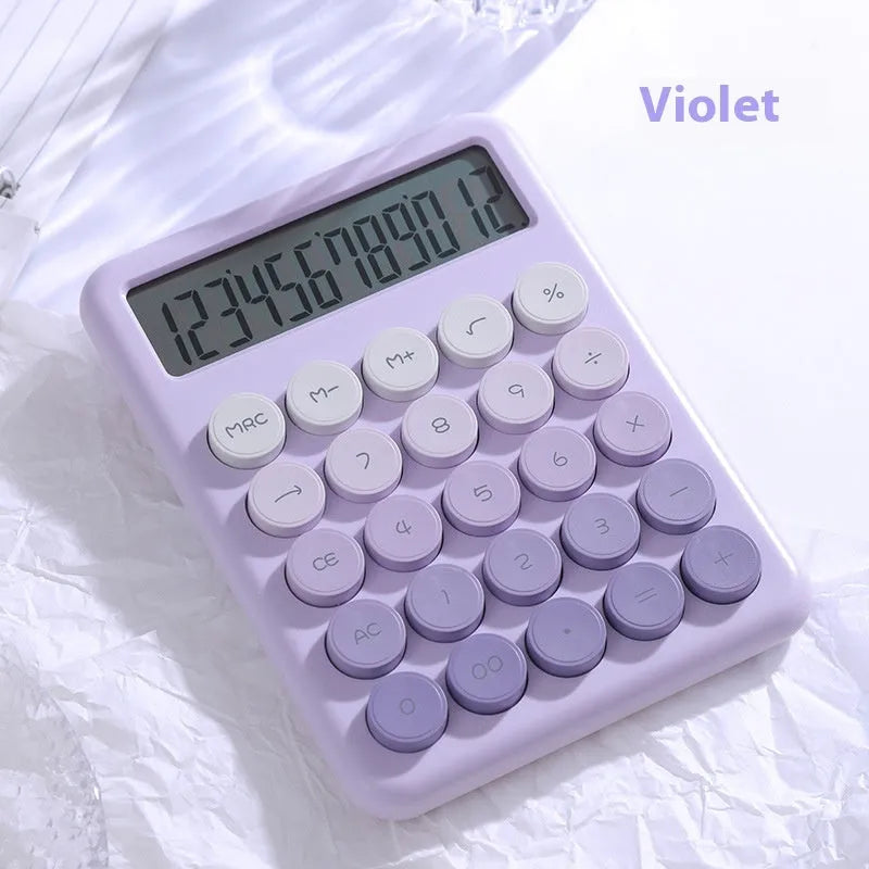 Desktop calculator with gradient colour design in violet, pink, blue or green.