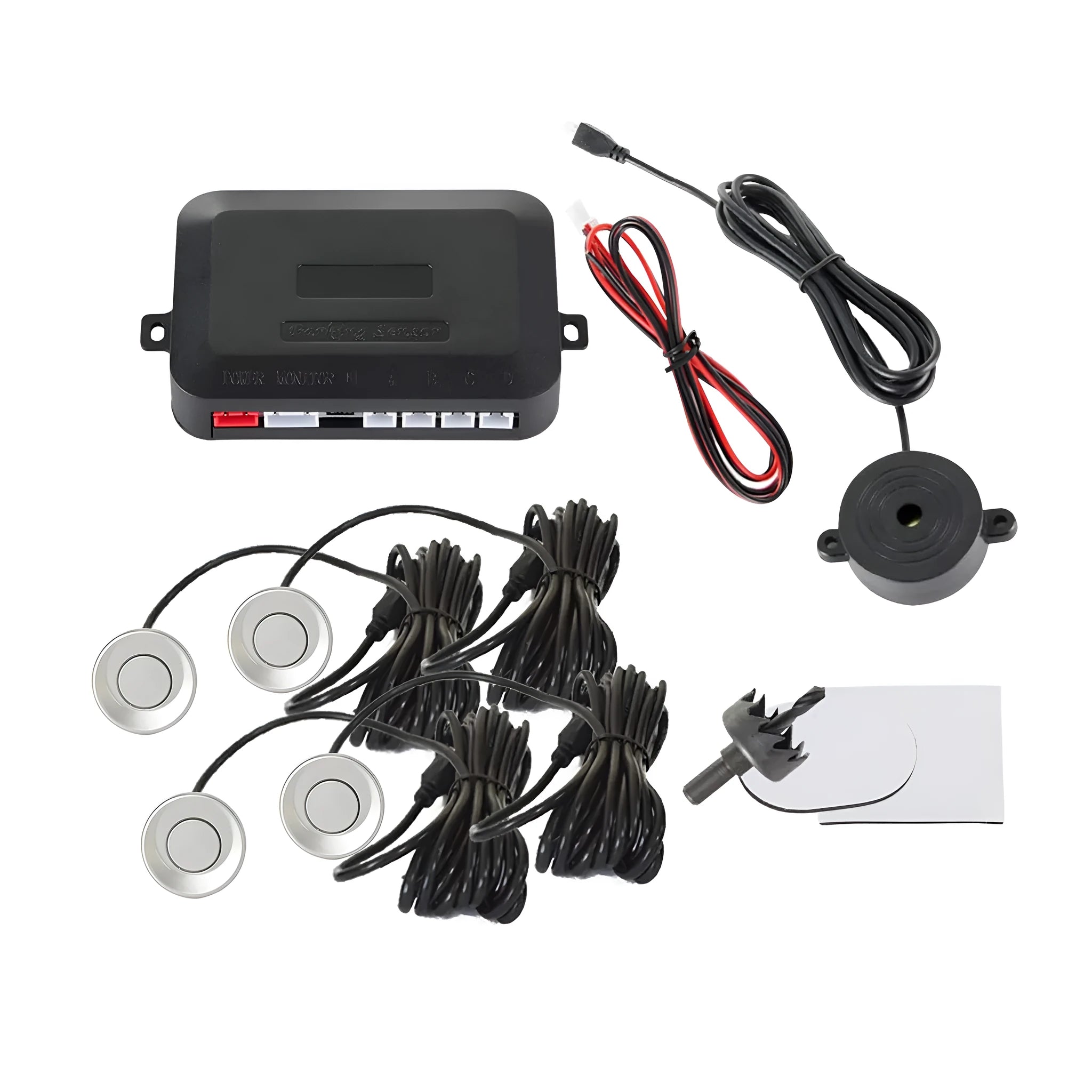 Four ultrasonic parking sensors and control module for vehicle reversing radar system with buzzer alerts