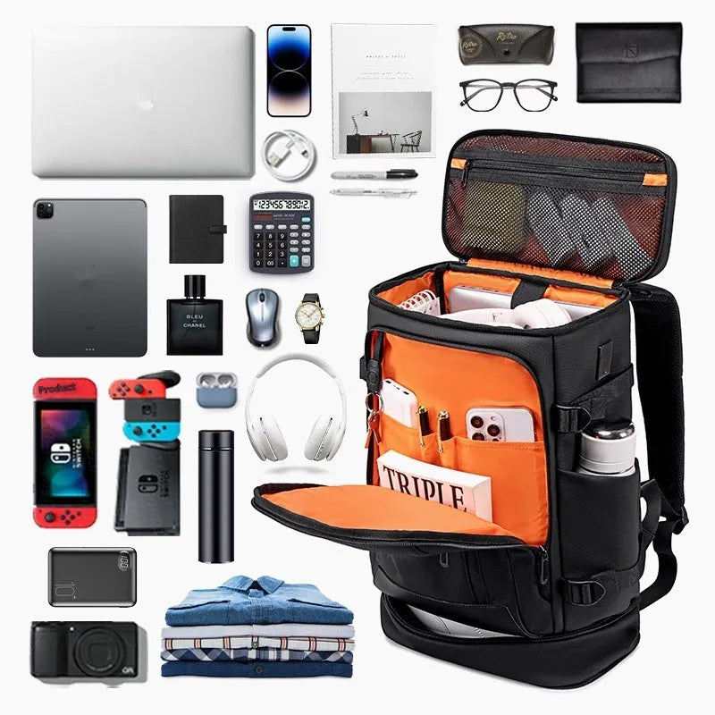 Black Oxford cloth travel bag with USB interface and curved shoulder strap for 16-inch computer
