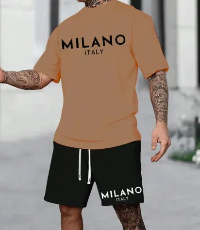 European style short sleeve suit set with round neck top and matching shorts in multiple colours