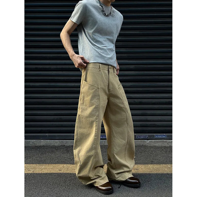 Khaki straight-leg cotton trousers on hanger showing American retro styling