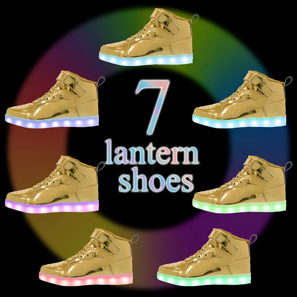 LED high-top board shoes with rechargeable lighting in black colour showing Velcro fastening