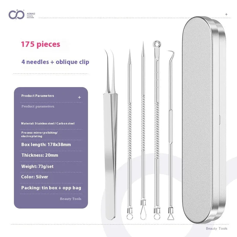 Set of four silver metal acne needles with pointed tips on a white background.