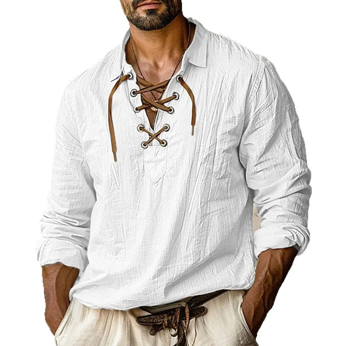 Men's plus size loose fit linen shirt with lapels and lace detail on long sleeves