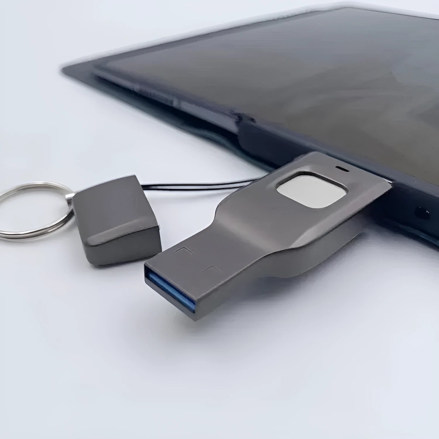 Black fingerprint encrypted USB drive showing both USB 3.0 and USB-C connectors