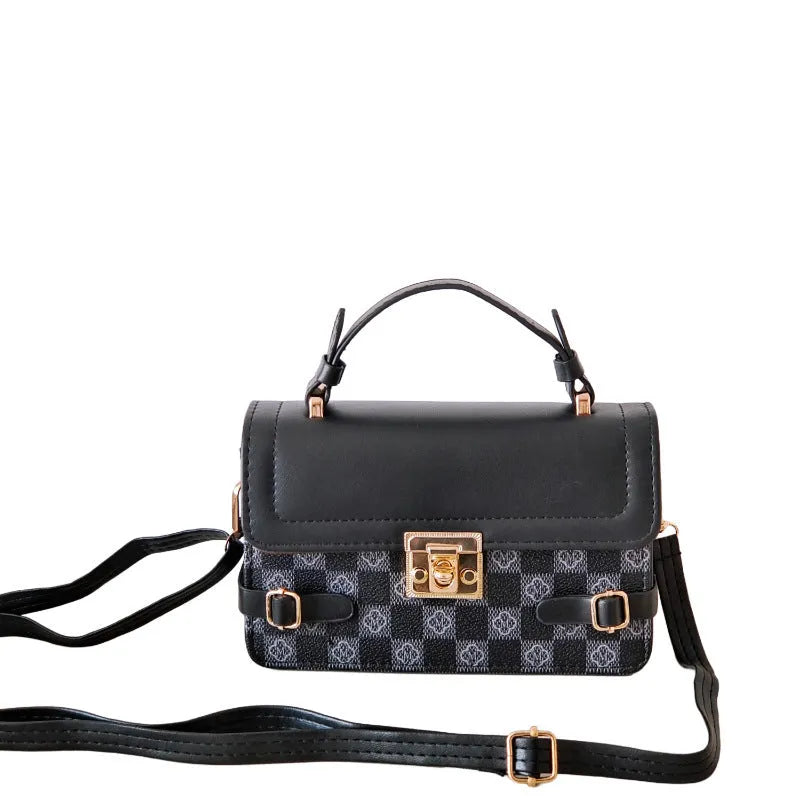 Retro-style square crossbody bag with floral stitching and a diamond pattern in PU leather.