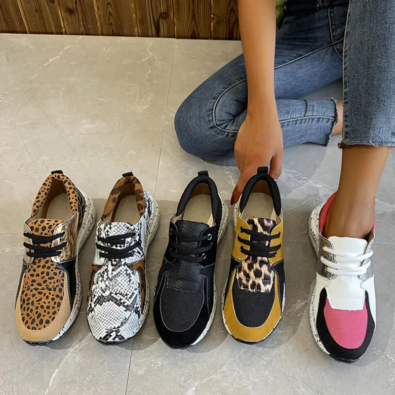 Women's casual suede sneakers with wedge heel in black, leopard, panther, pink, and snake pattern colours
