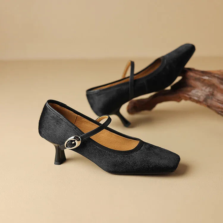 Women's black square toe stiletto ankle-strap shoe with horse hair upper and buckle closure