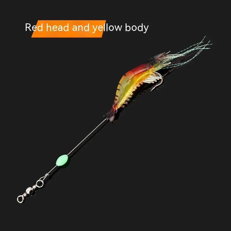 Soft plastic fishing lure with integrated hook in six colour variations including luminous patterns