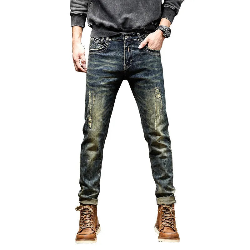 Men's skinny fit jeans in a retro colour with a zip fly, made from stretch cotton denim.