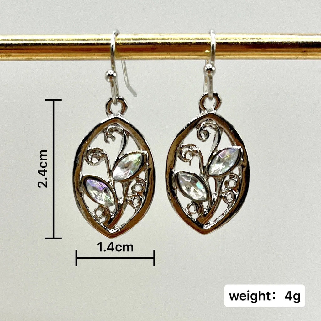 Women's silver alloy earrings with leaf design and embedded colourful moonstone gemstones