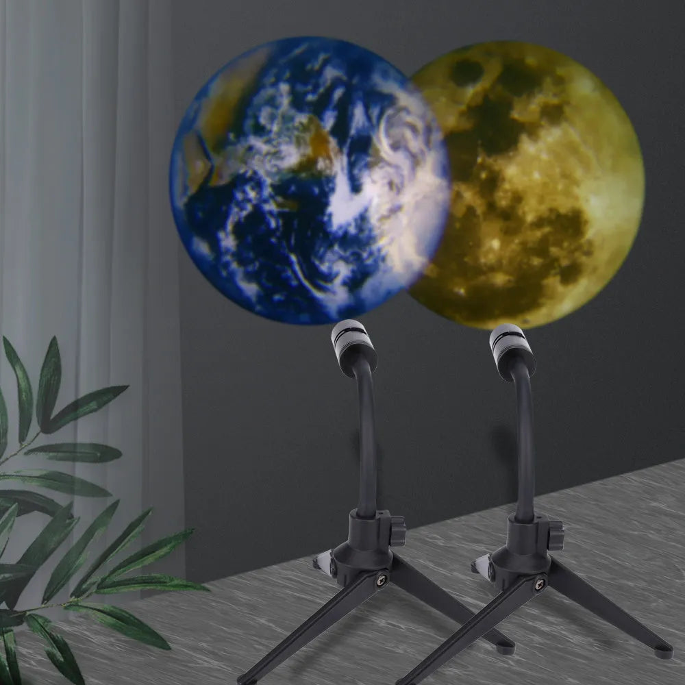 Star projector lamp showing earth projection on wall with adjustable rotating bracket and USB cable