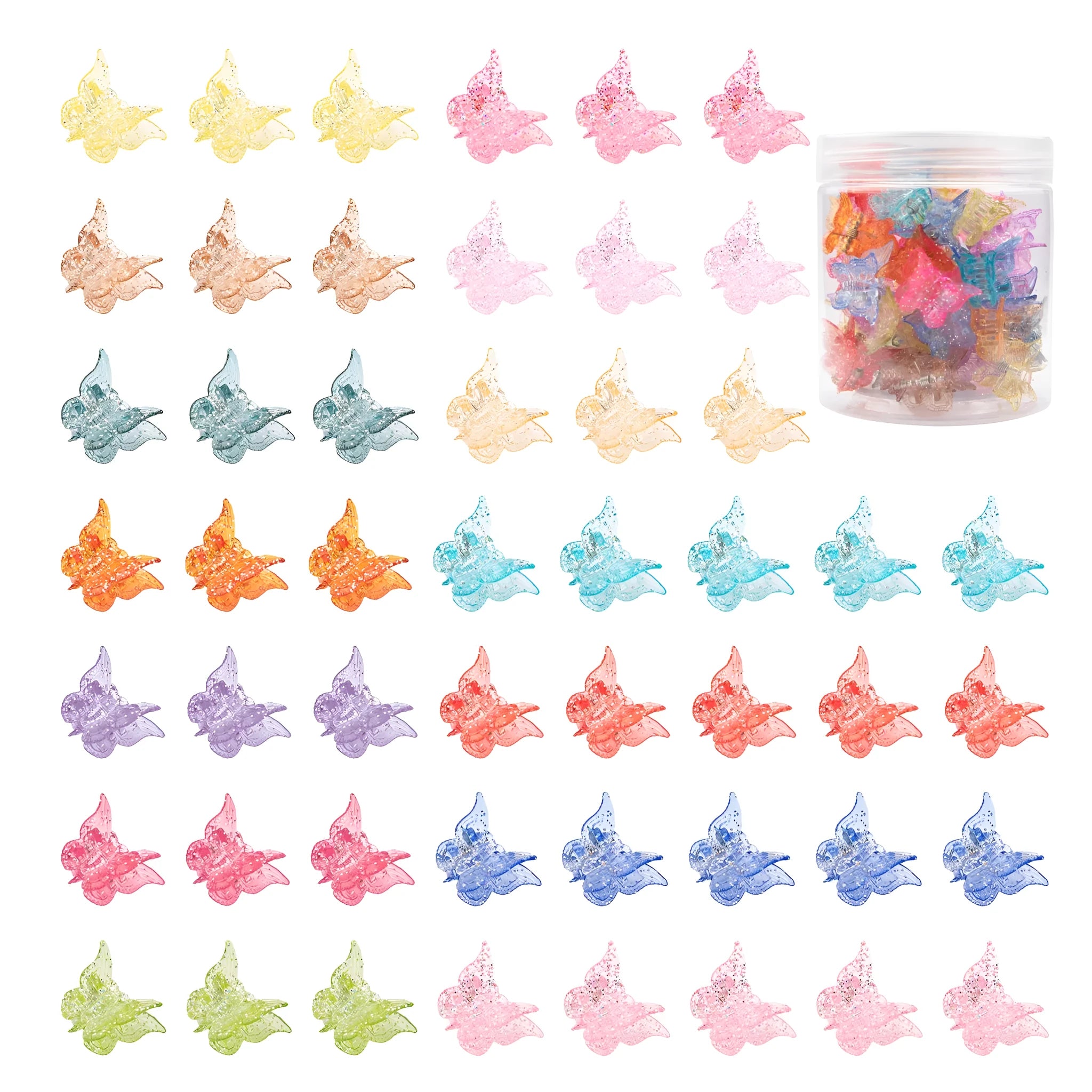 Assortment of 50 small glitter butterfly hair claw clips in multiple colours on a white background.