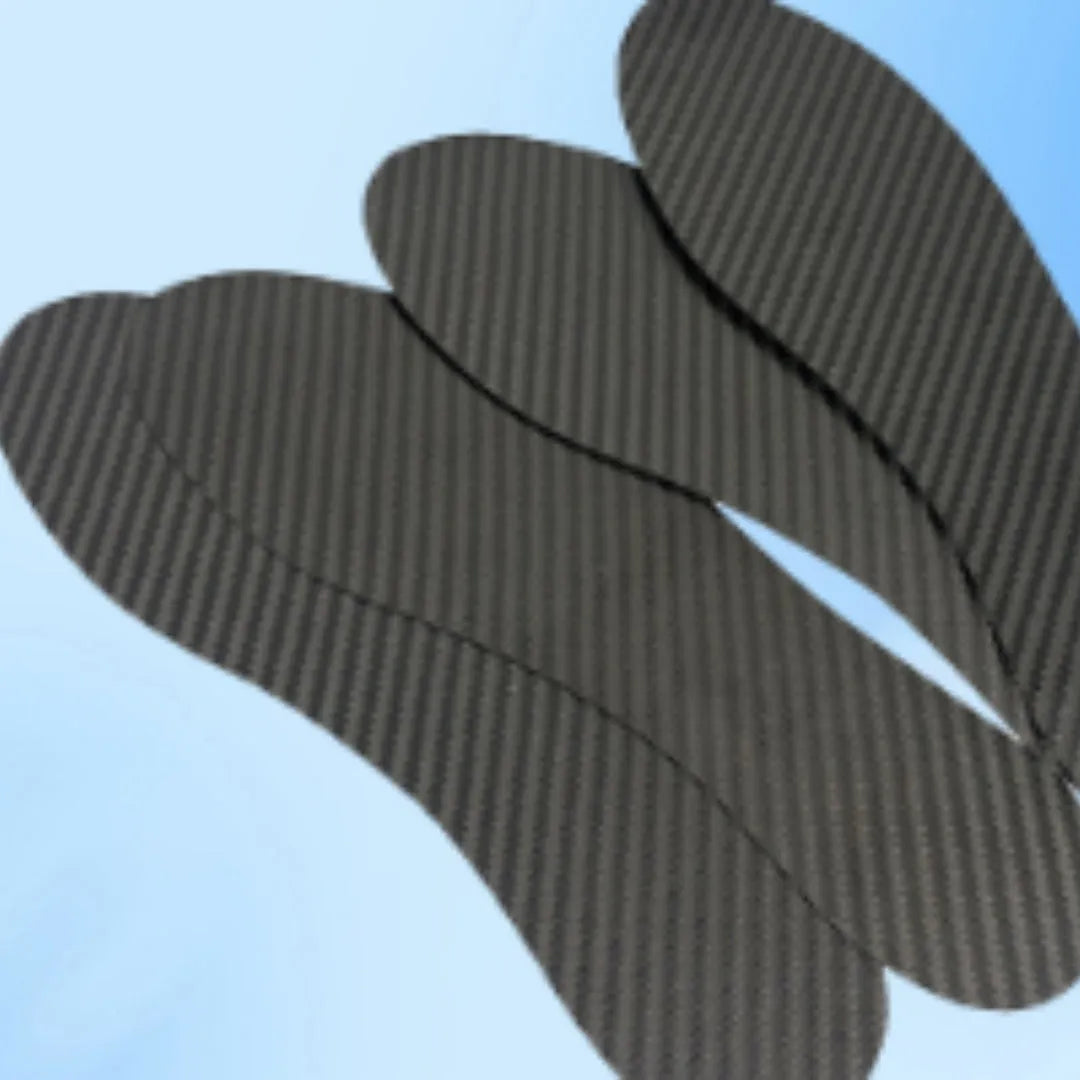 Black 3K carbon fiber running insoles showing full palm design, placed next to a running shoe.