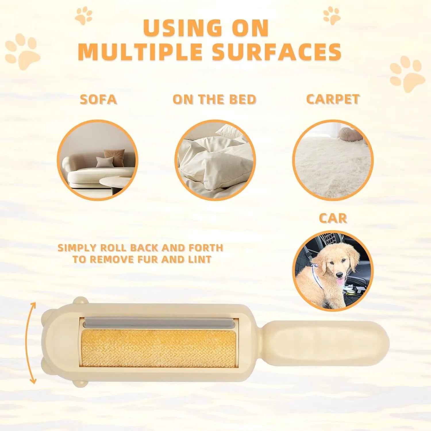 Reusable pet hair remover roller with self-cleaning base in blue, pink, or yellow colours.