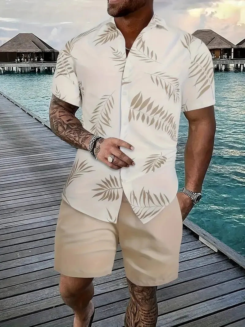 Men's 3D printed Hawaiian shirt and shorts co-ord set in a casual style.