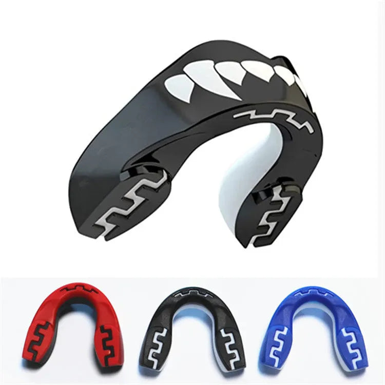 Adult boxing mouthguard with tooth socket design in black and white, red and white, and blue and white colour options.