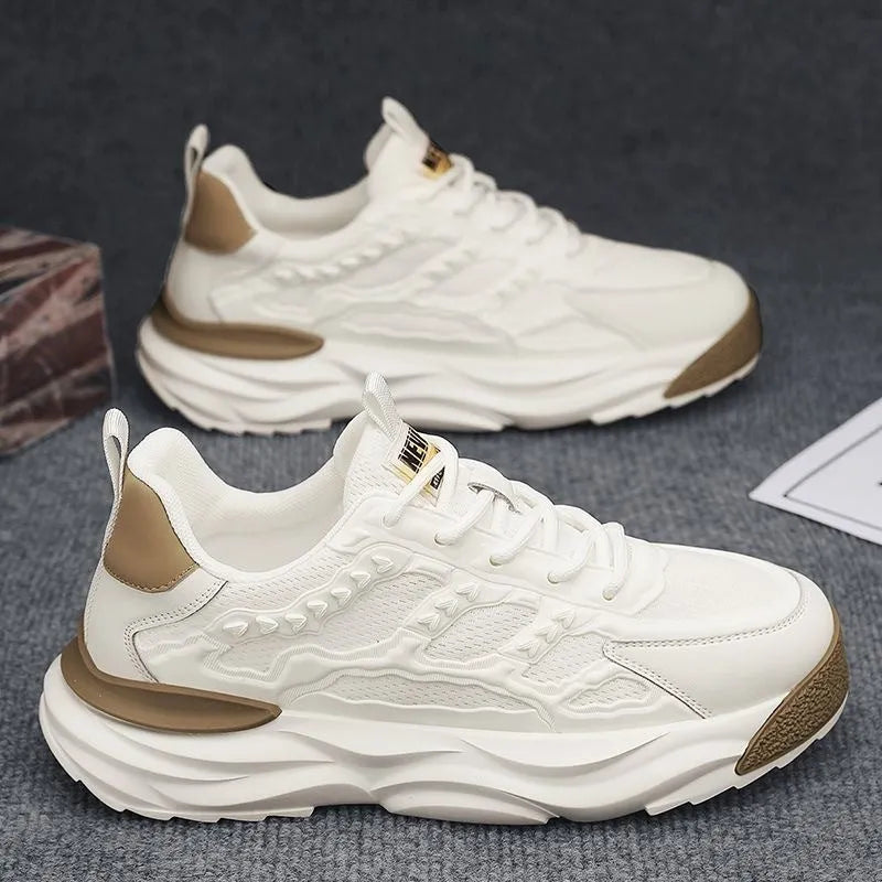 Men's white and black breathable mesh casual shoes with round toe, shown from the side.