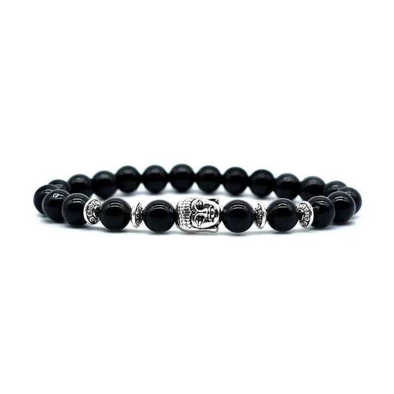 Handcrafted amethyst Buddha head bracelet with tiger eye beads measuring 19mm