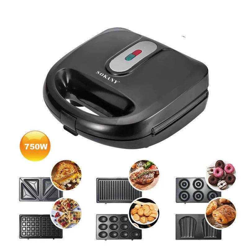 Black electric sandwich toaster with double-sided heating and six non-stick plates on a countertop.