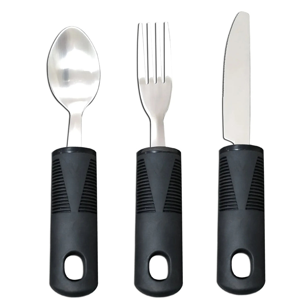 Stainless steel adaptive tableware with rubber handles in black and grey curved and straight designs