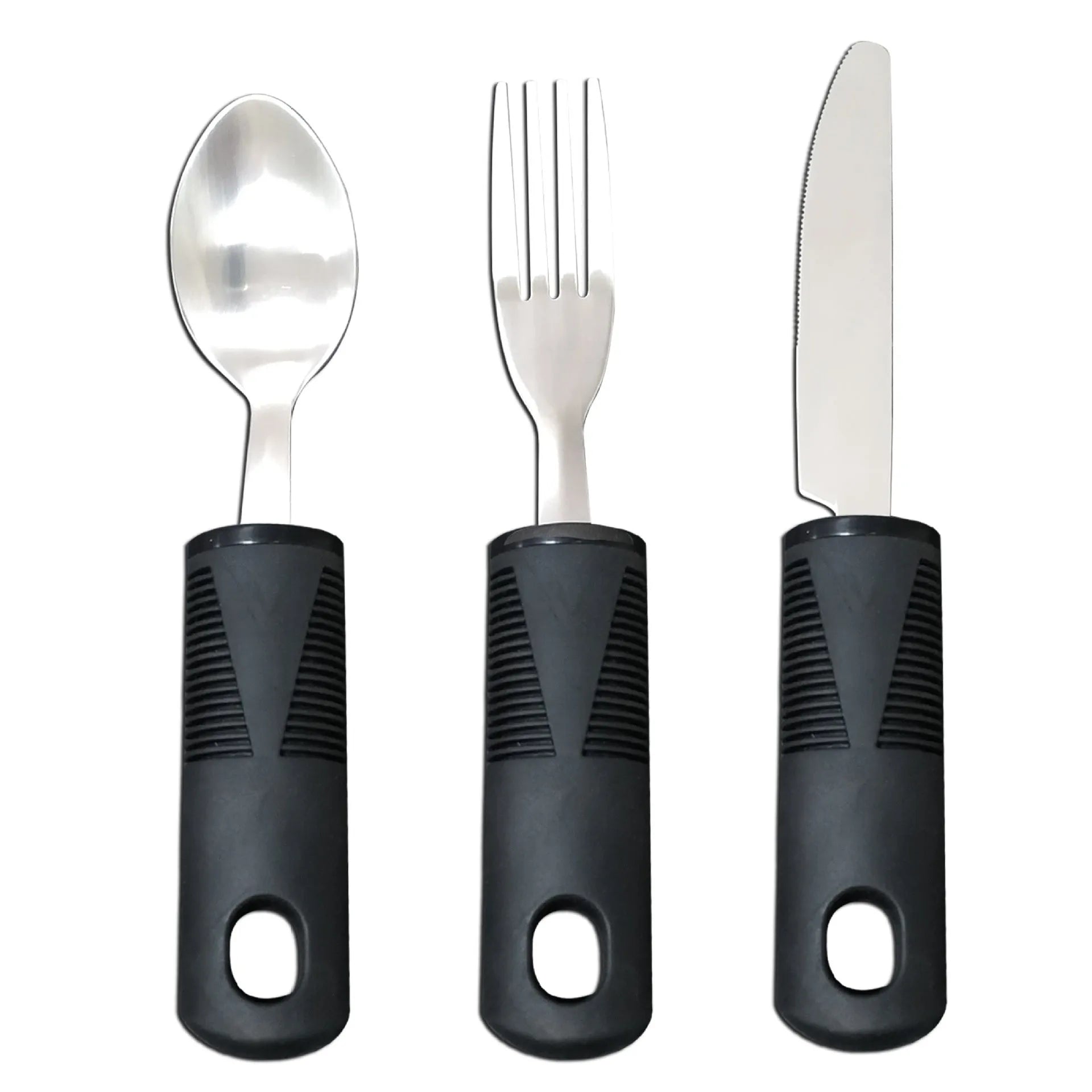 Stainless steel adaptive tableware with rubber handles in black and grey curved and straight designs