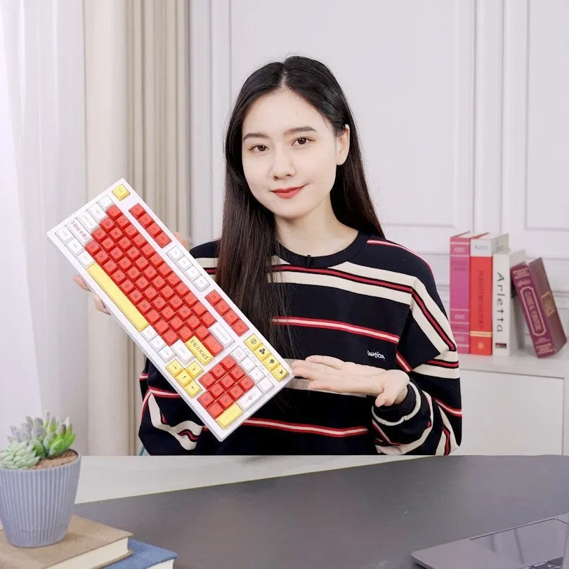 138 PBT dye-sublimated mechanical keyboard keycaps with boy and girl colour matching theme, shown with bag, box, and can packaging options.