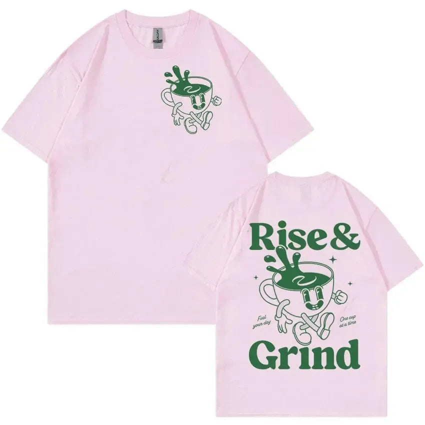 Linen loose-fit t-shirt with Rise And Grind green coffee bag cartoon graphic, shown in multiple colours.