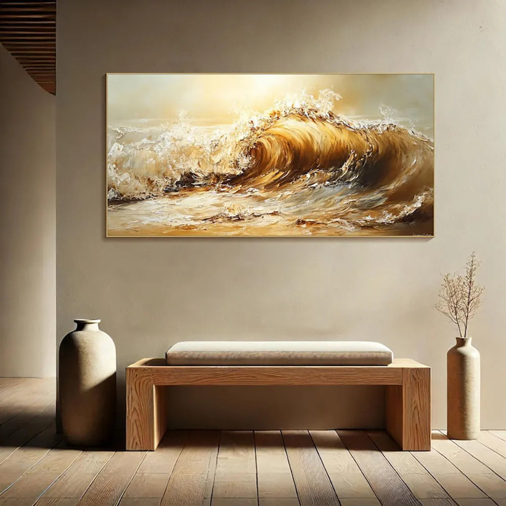 Hand-painted abstract yellow waves landscape oil painting canvas wall art