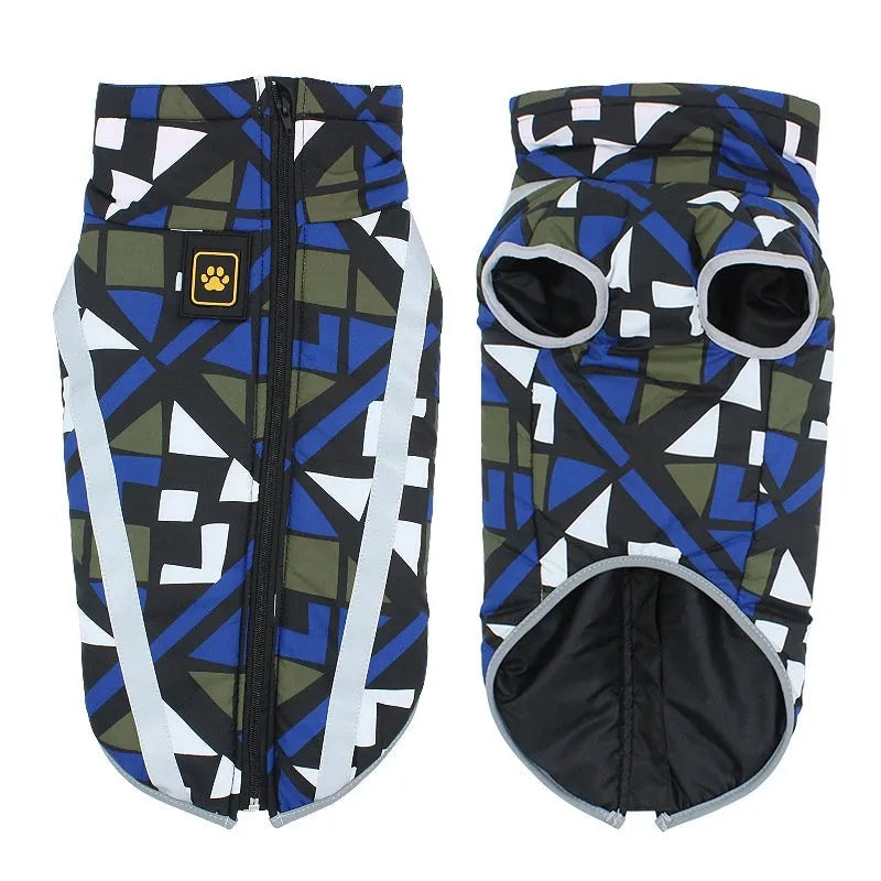 Dog wearing reflective winter hardshell jacket in geometric blue colour