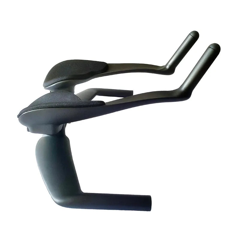 Black carbon fibre TT bicycle handlebars showing angled extensions and clamp area.