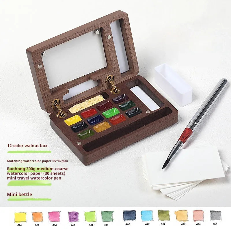 Mini walnut watercolour paint box with pigment sets and leather carrying bag