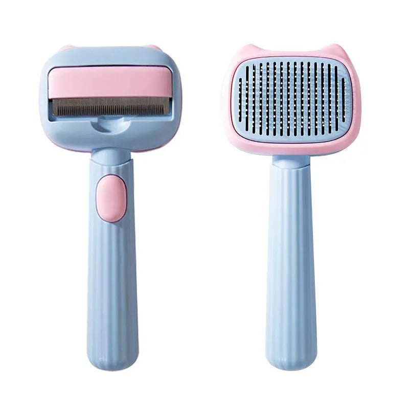 Blue and green double-sided pet grooming brush for deshedding and dematting cats and large dogs.