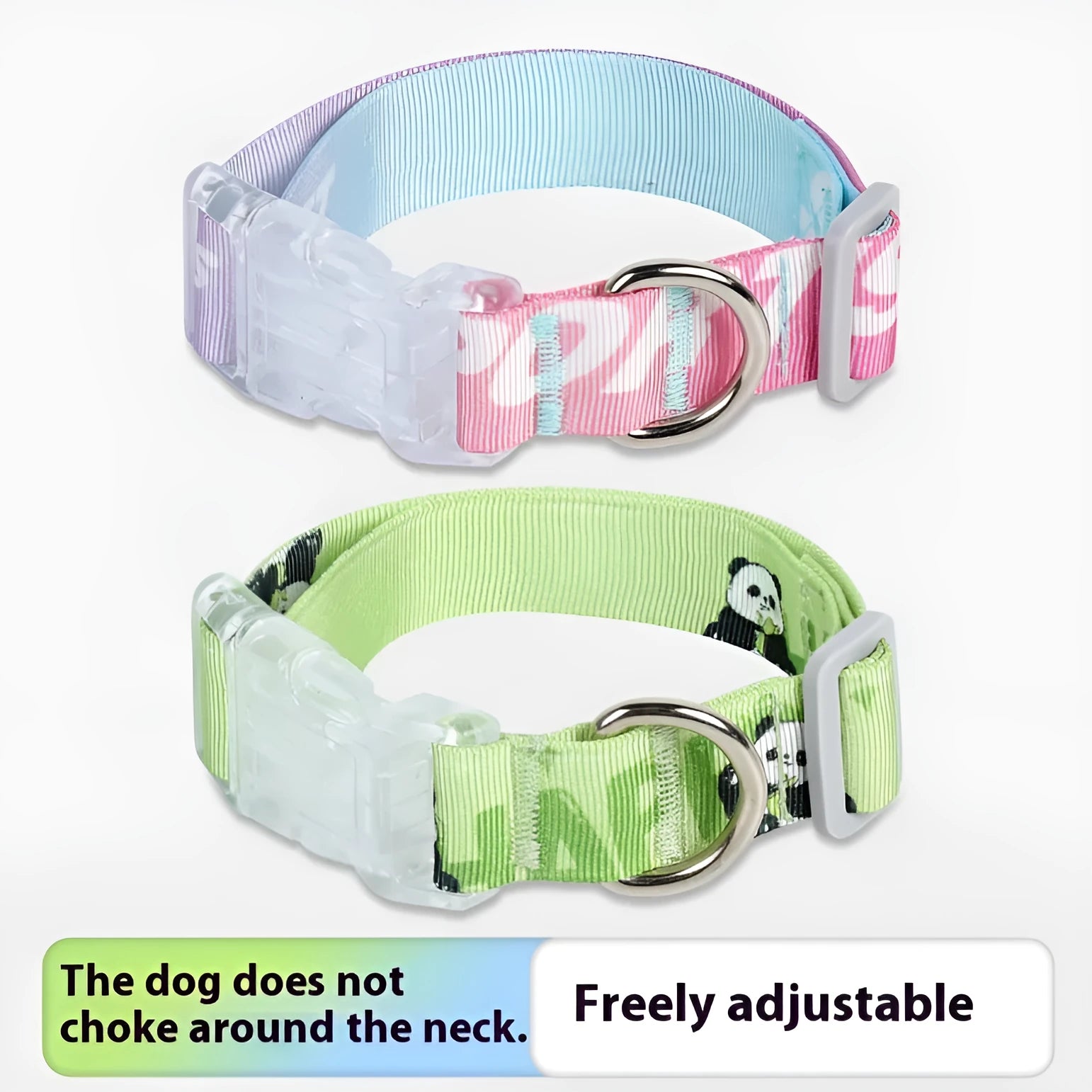 Adjustable nylon dog collar with cartoon gradient print in Panda Green colour, shown in size M.