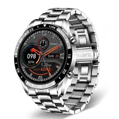 Smart watch with stainless steel wristband and 1.3-inch touch screen display showing time interface