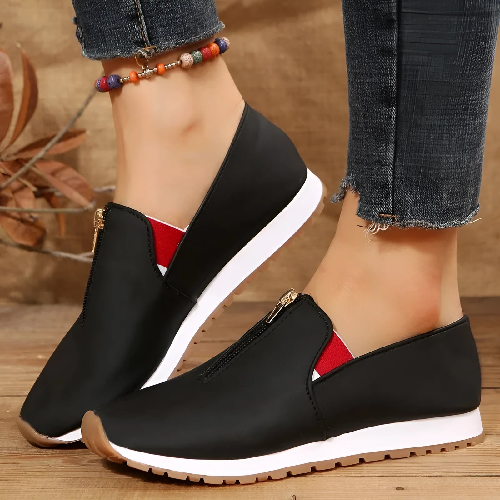 Women's casual non-slip loafers flat shoes round toe artificial PU upper metal detail autumn