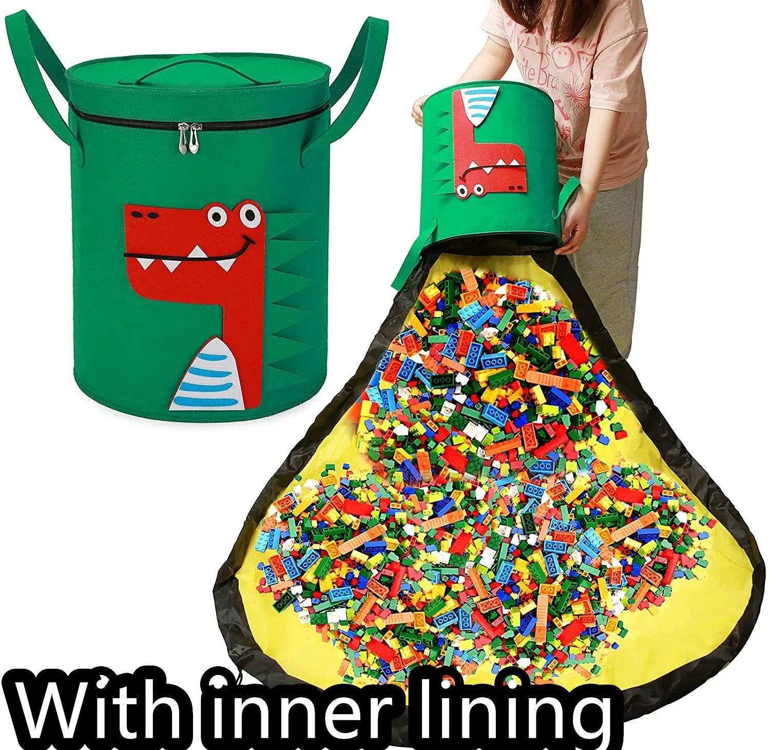 Green felt cube storage bag open as play mat with pull rope closure for children's toys
