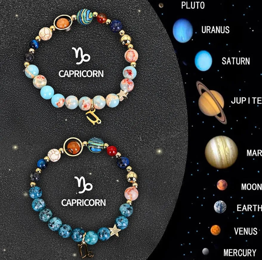 Two natural stone beaded bracelets with adjustable cords, presented as a zodiac sign bracelet set.